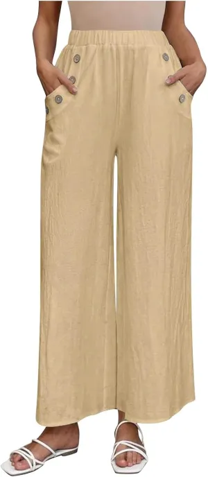 Linen Pants Women Fashion Casual Loose Elastic Waist Button Trousers Full Length Pants Summer Pants for Women 2025