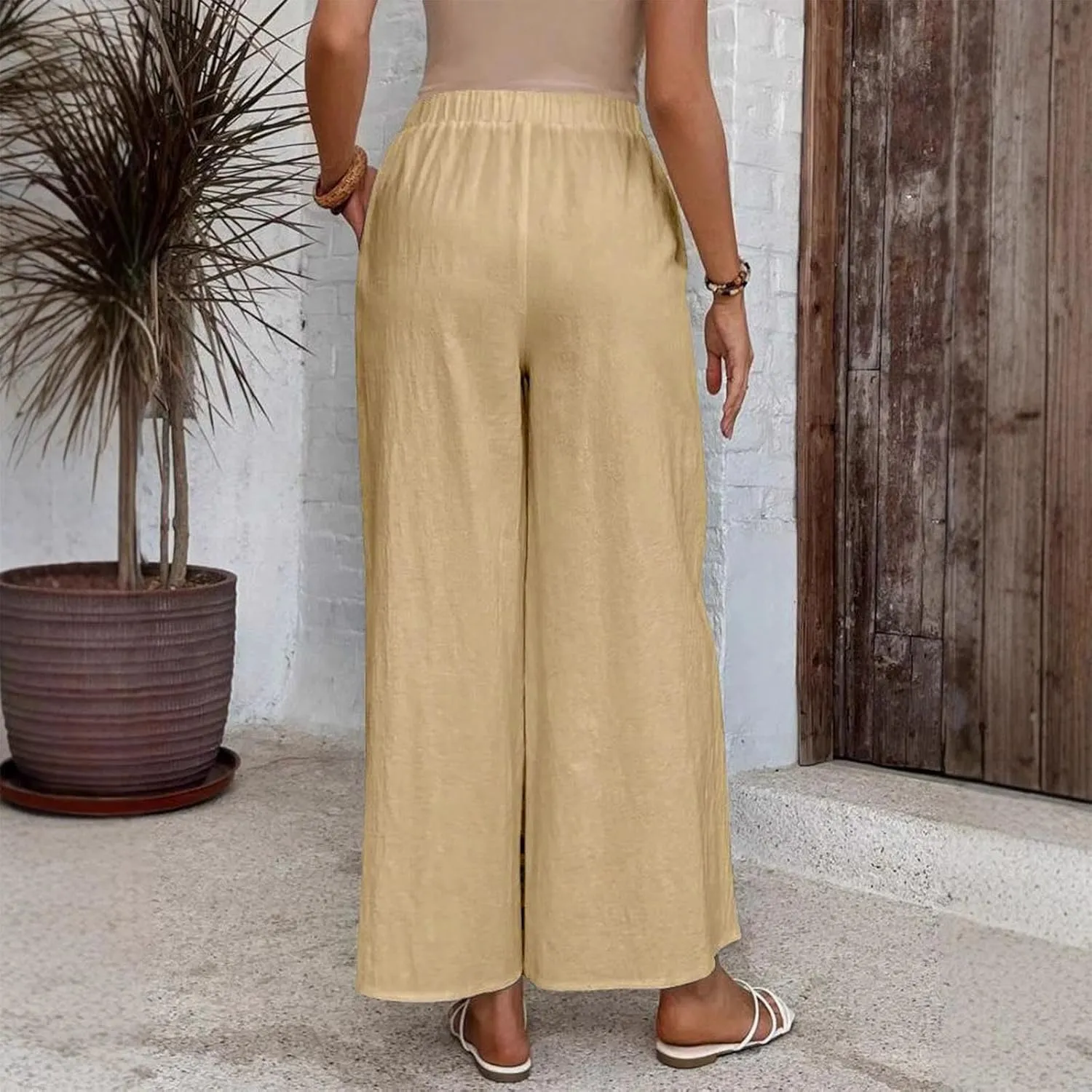 Linen Pants Women Fashion Casual Loose Elastic Waist Button Trousers Full Length Pants Summer Pants for Women 2025