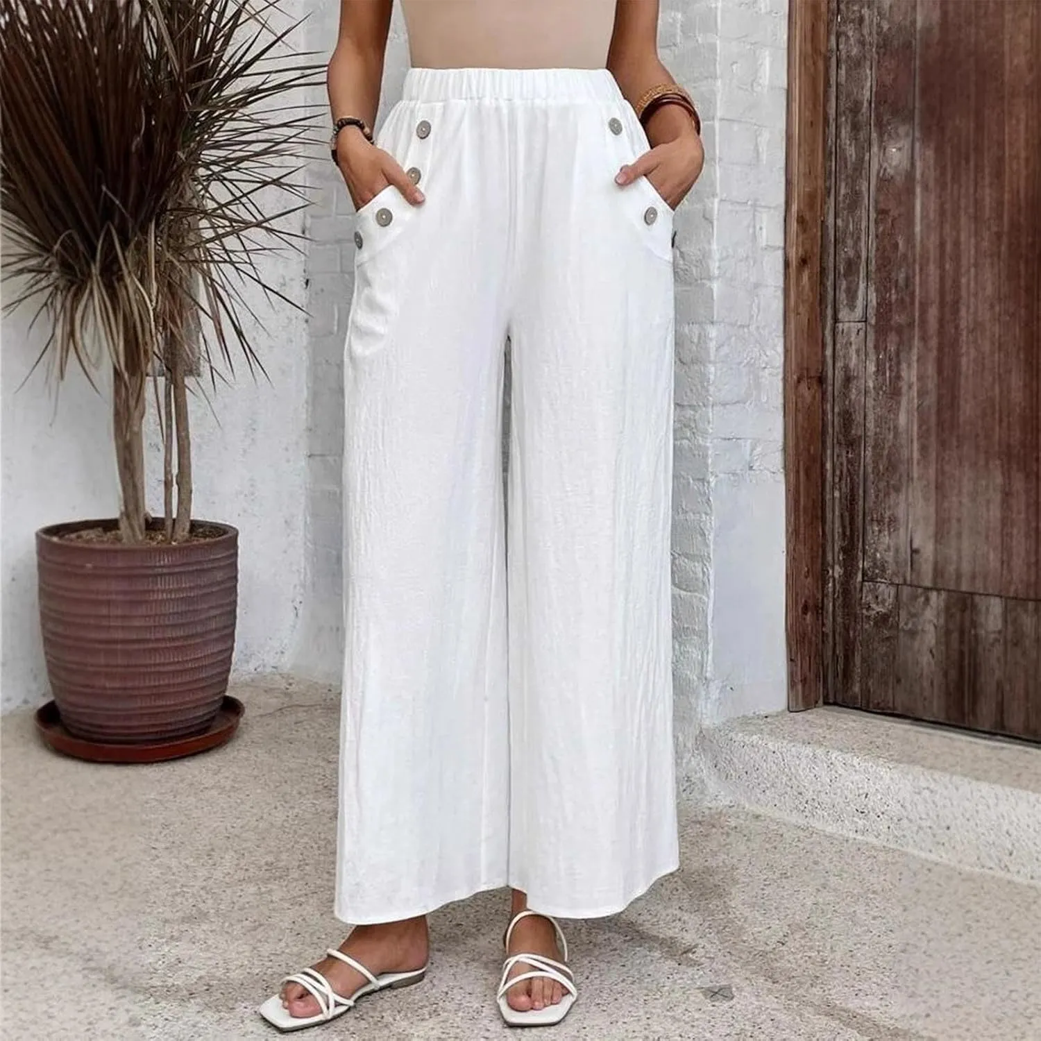 Linen Pants Women Fashion Casual Loose Elastic Waist Button Trousers Full Length Pants Summer Pants for Women 2025