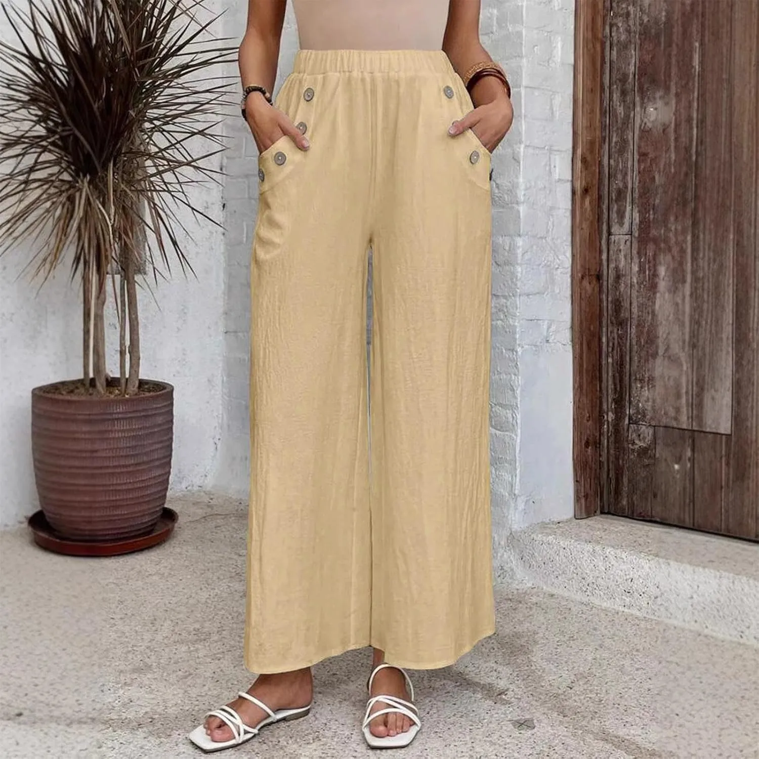 Linen Pants Women Fashion Casual Loose Elastic Waist Button Trousers Full Length Pants Summer Pants for Women 2025
