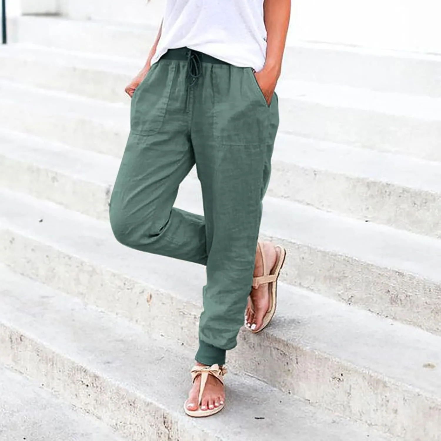 Linen Pants Women Jogger Pants Tapered Leg Summer Casual Drawstring Elastic Waist Lightweight Joggers with Pockets