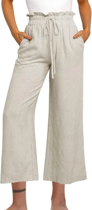 Linen Pants Women Summer Casual Loose Wide Leg Flowy Pants Business Work Travel Plus Size Pants Trousers with Pckets