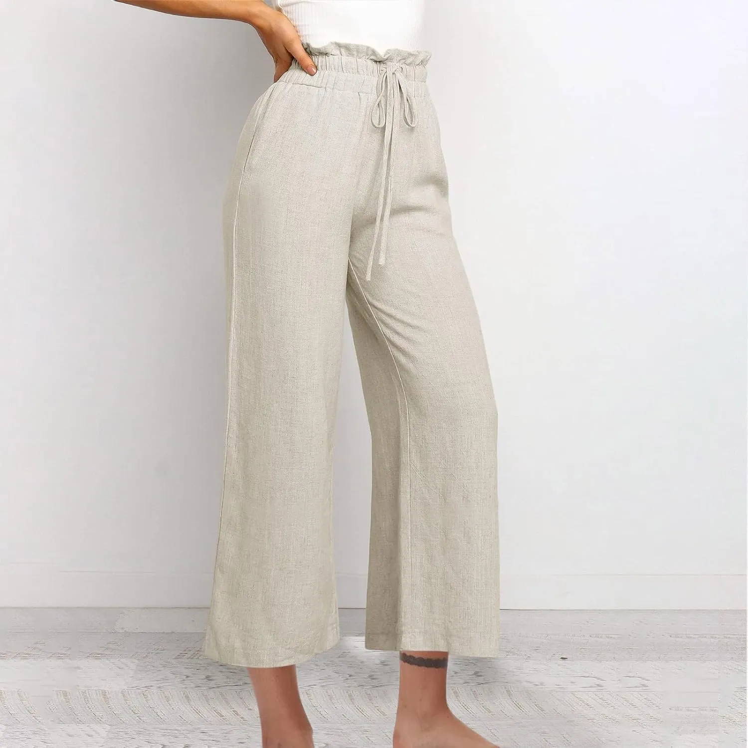 Linen Pants Women Summer Casual Loose Wide Leg Flowy Pants Business Work Travel Plus Size Pants Trousers with Pckets