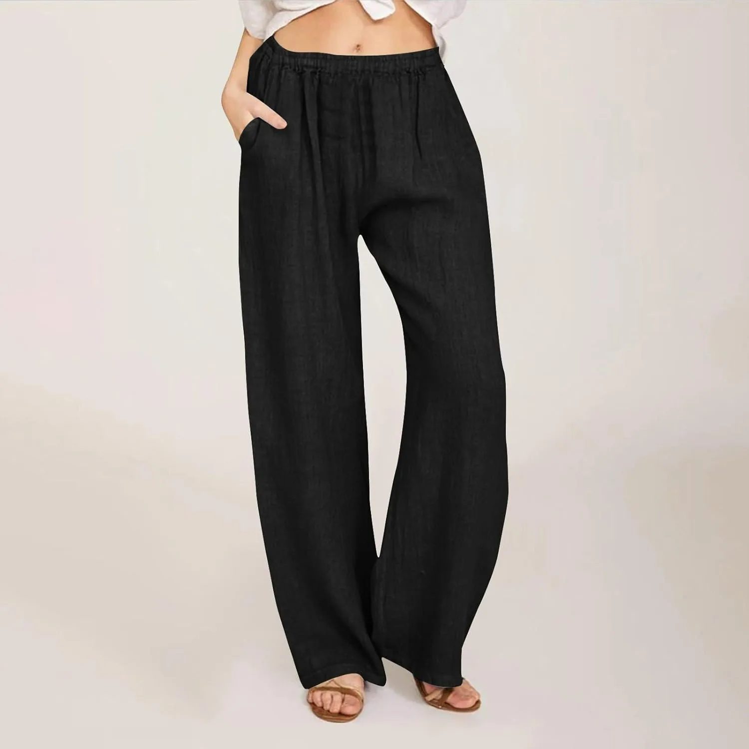 Linen Pants Women Summer High Waist Drawstring Elastic Lightweight Flowy Wide Leg Palazzo Pants Lounge Trousers