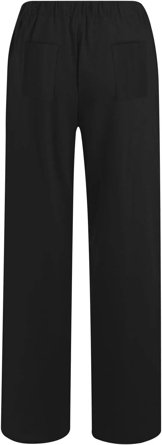 Linen Pants Women Summer High Waist Drawstring Elastic Lightweight Flowy Wide Leg Palazzo Pants Lounge Trousers