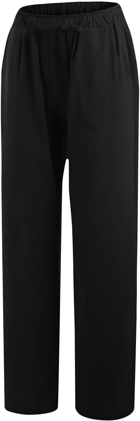 Linen Pants Women Summer High Waist Drawstring Elastic Lightweight Flowy Wide Leg Palazzo Pants Lounge Trousers