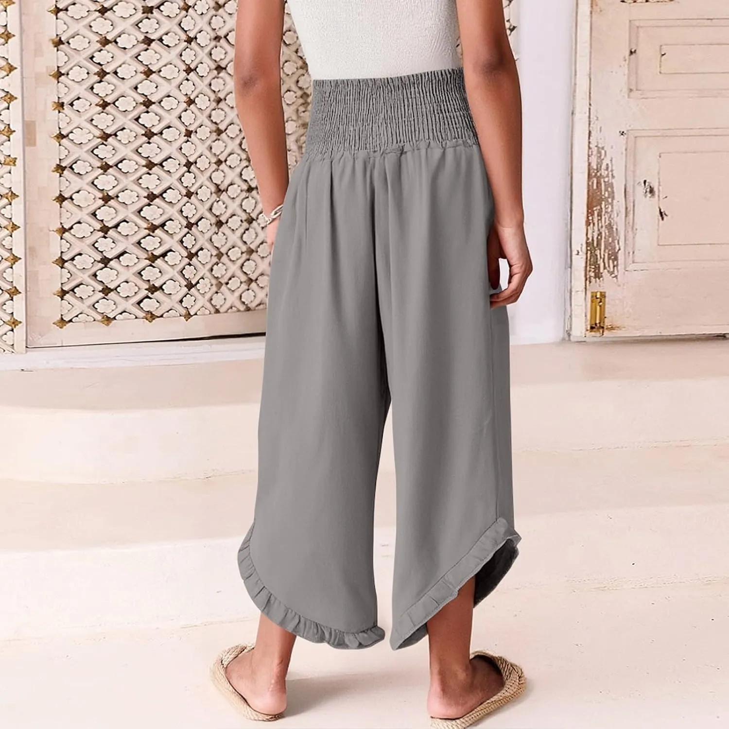 Linen Pants Women Summer Smocked High Waisted Wide Leg Palazzo Pants Casual Ruffle Flowy Beach Pants with Pockets
