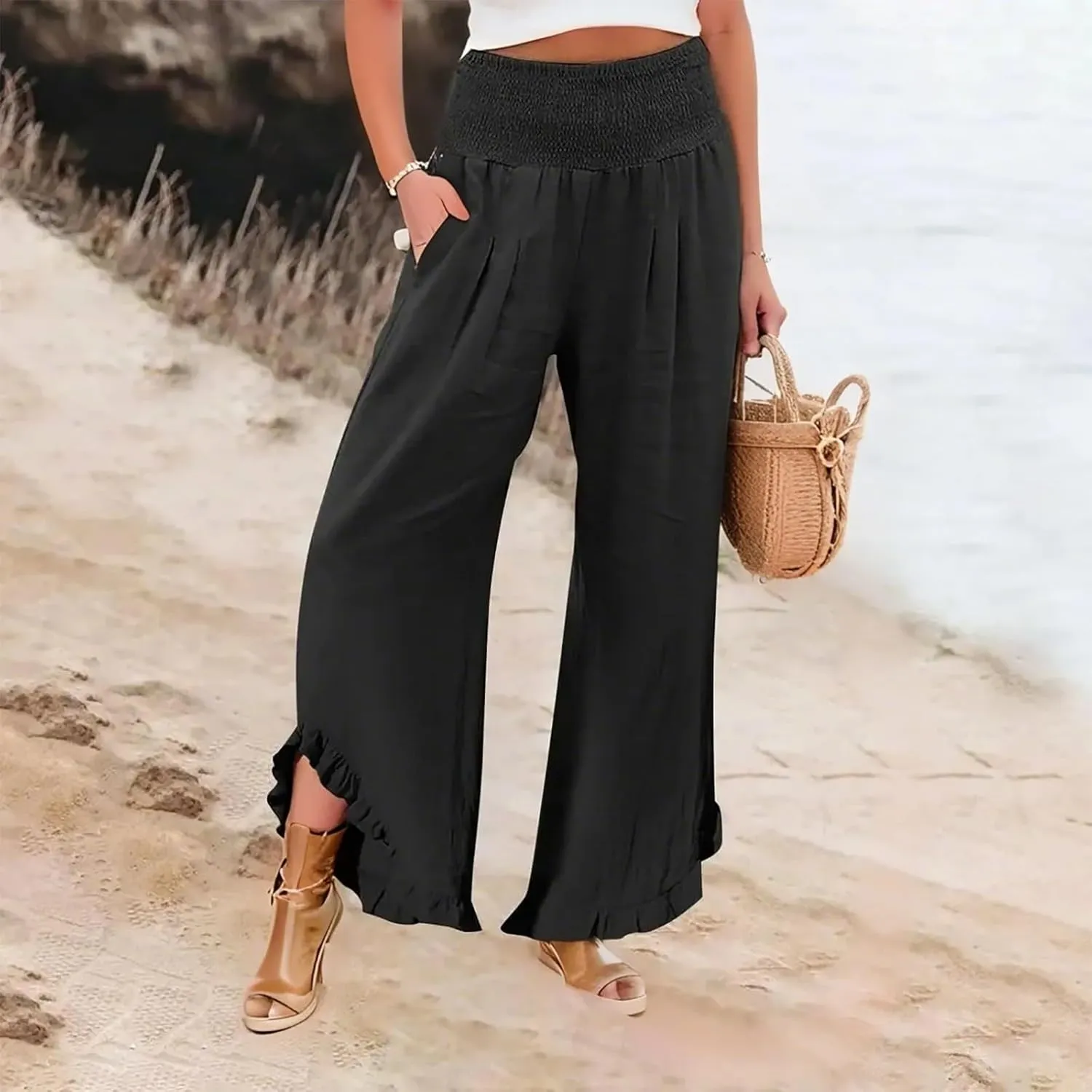Linen Pants Women Summer Smocked High Waisted Wide Leg Palazzo Pants Casual Ruffle Flowy Beach Pants with Pockets