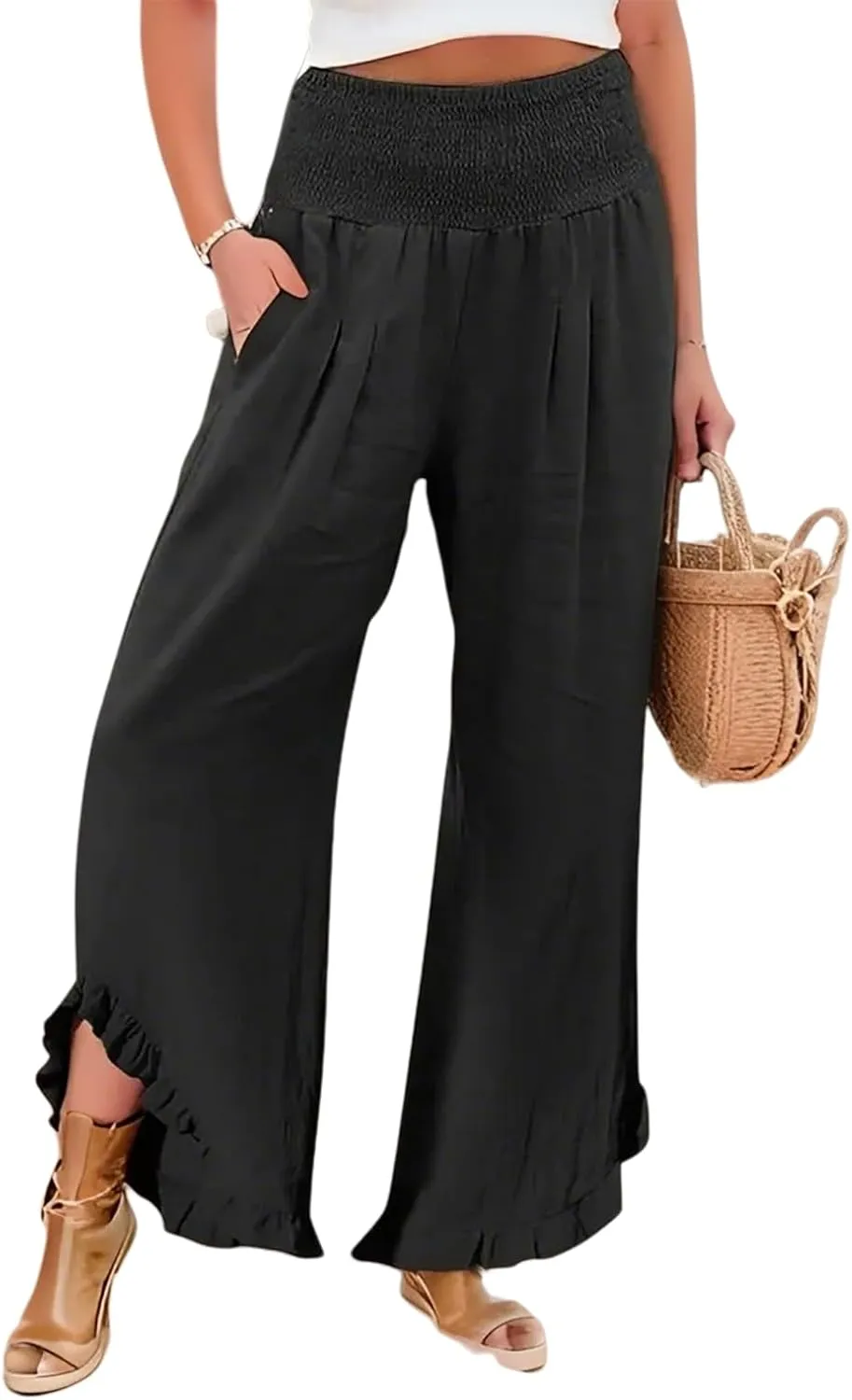 Linen Pants Women Summer Smocked High Waisted Wide Leg Palazzo Pants Casual Ruffle Flowy Beach Pants with Pockets