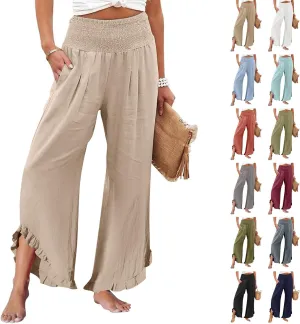Linen Pants Women Summer Smocked High Waisted Wide Leg Palazzo Pants Casual Ruffle Flowy Beach Pants with Pockets