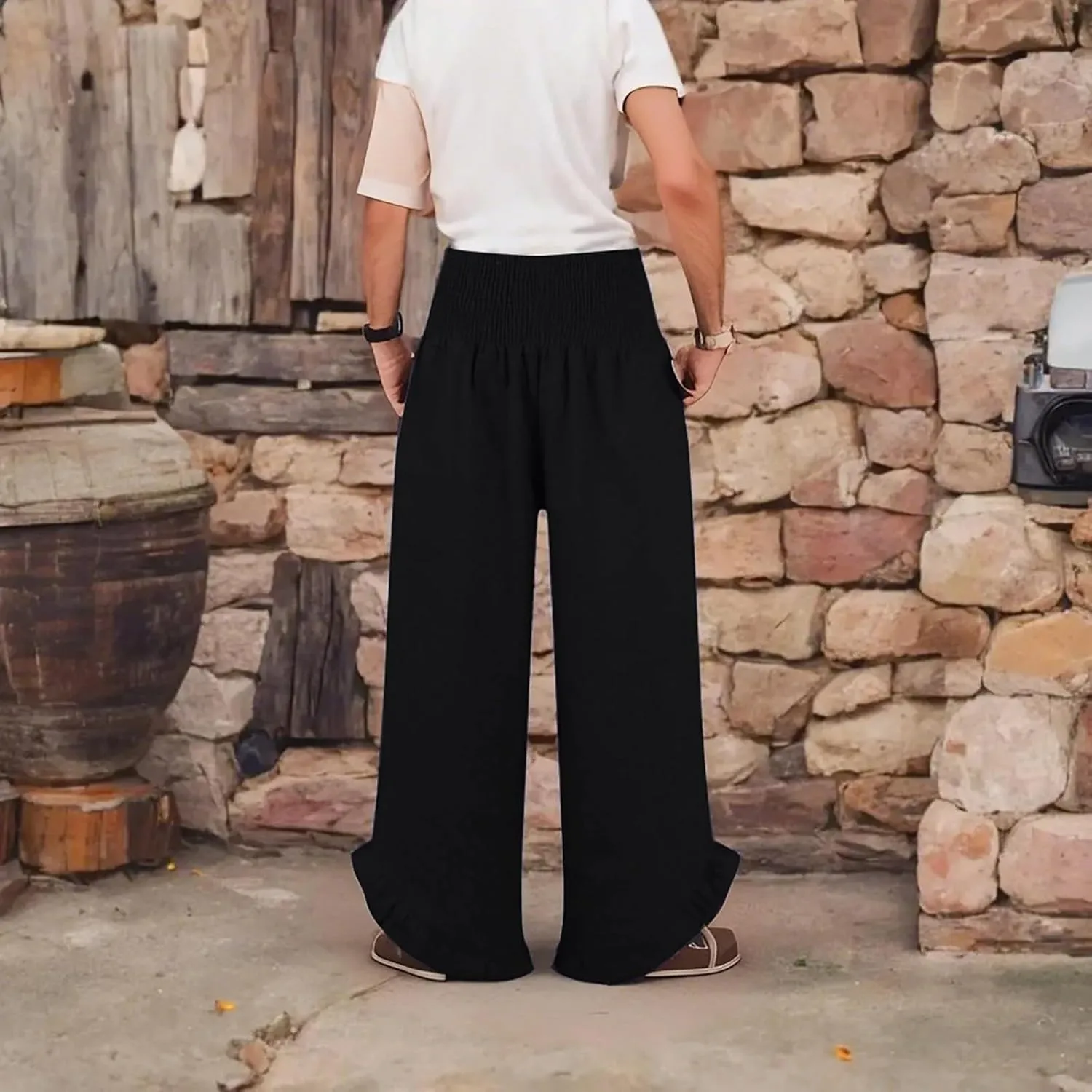 Linen Pants Women Summer Smocked High Waisted Wide Leg Palazzo Pants Casual Ruffle Flowy Beach Pants with Pockets