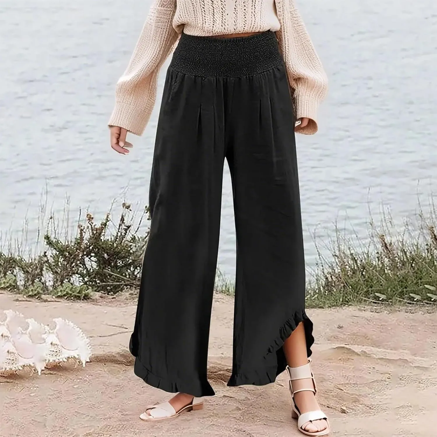 Linen Pants Women Summer Smocked High Waisted Wide Leg Palazzo Pants Casual Ruffle Flowy Beach Pants with Pockets