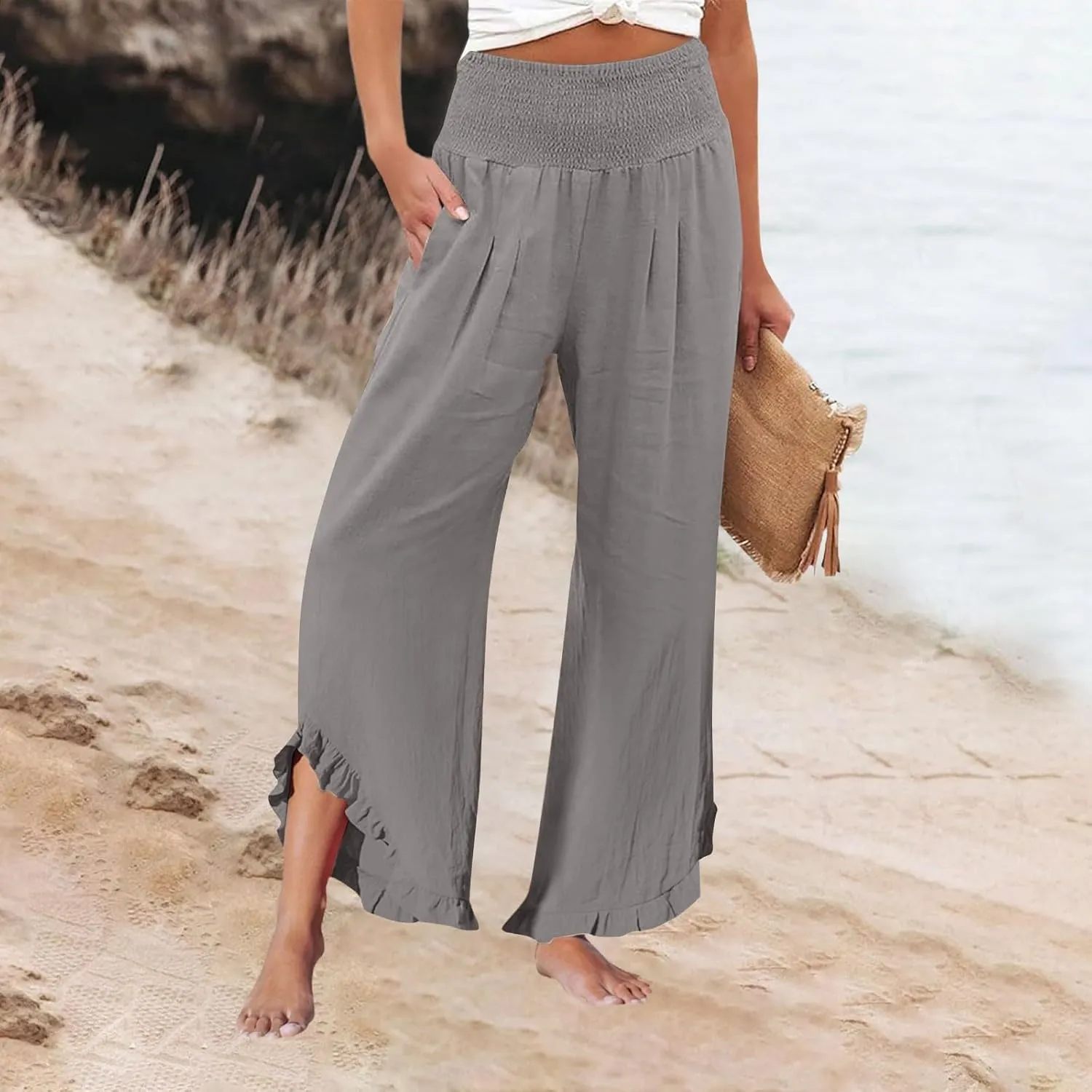 Linen Pants Women Summer Smocked High Waisted Wide Leg Palazzo Pants Casual Ruffle Flowy Beach Pants with Pockets