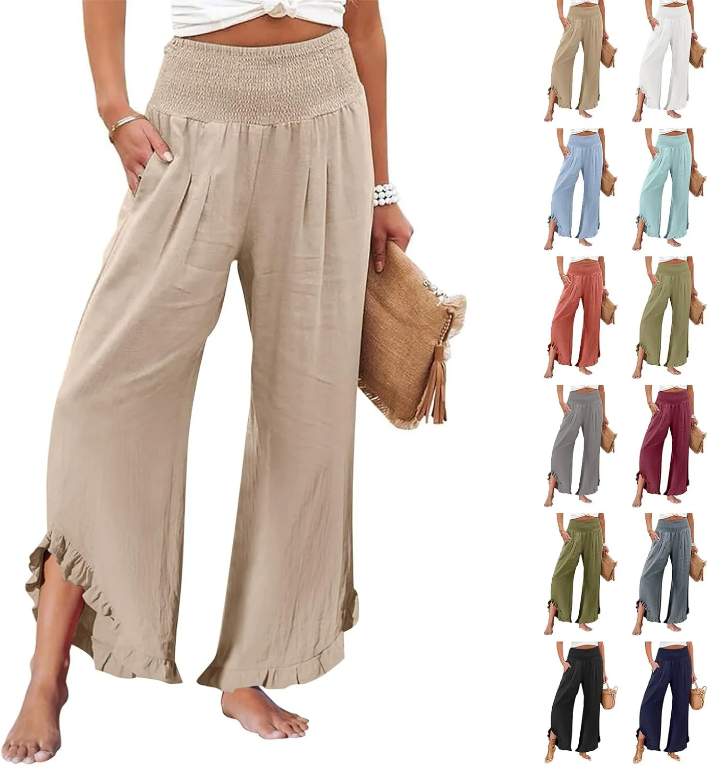 Linen Pants Women Summer Smocked High Waisted Wide Leg Palazzo Pants Casual Ruffle Flowy Beach Pants with Pockets