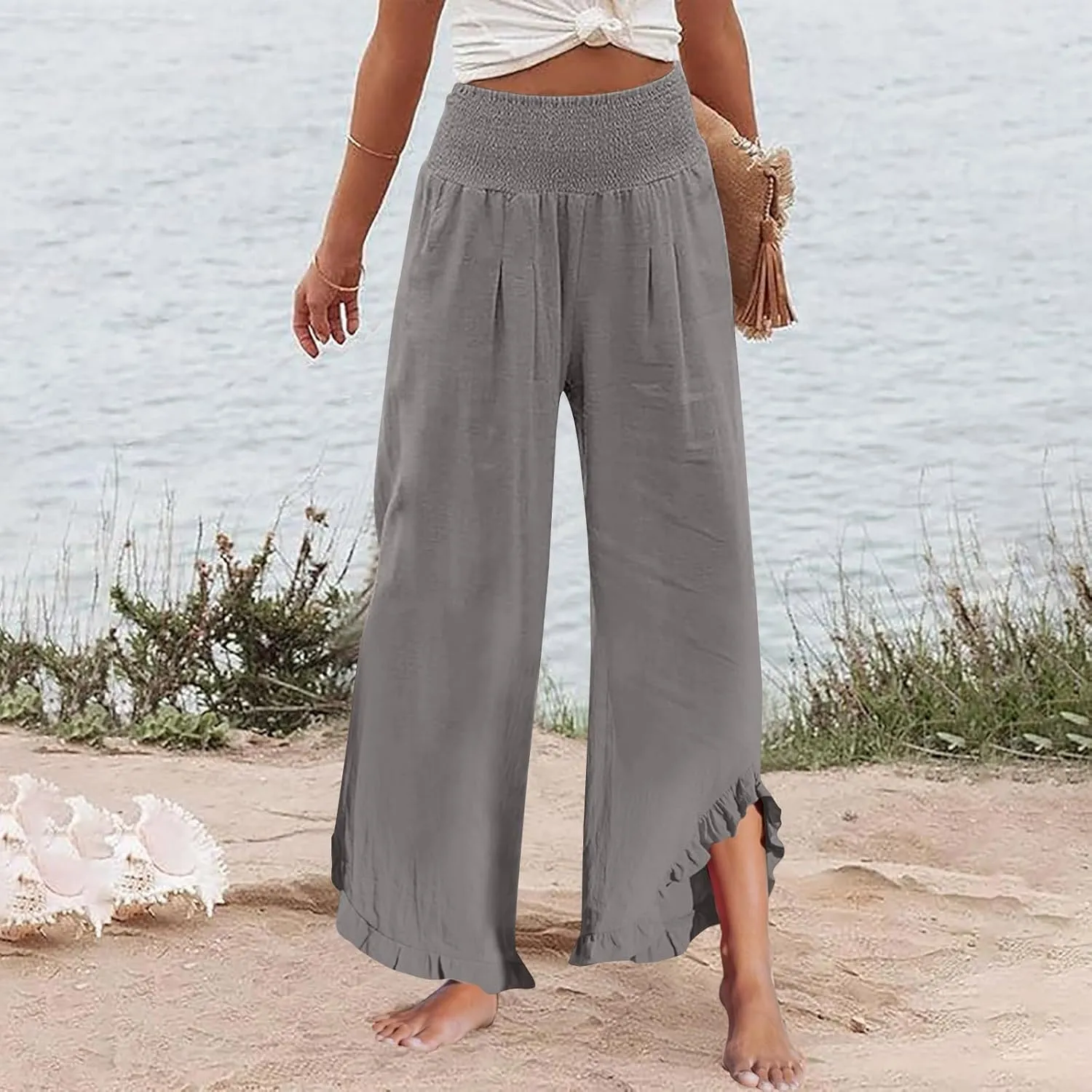 Linen Pants Women Summer Smocked High Waisted Wide Leg Palazzo Pants Casual Ruffle Flowy Beach Pants with Pockets
