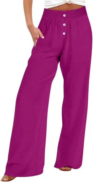 Linen Pants Women, Yoga Beach Wide Leg Palazzo Pants Tall High Waisted Pull On Stretch Waist Lounge Trousers Slacks