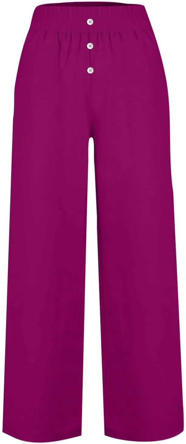 Linen Pants Women, Yoga Beach Wide Leg Palazzo Pants Tall High Waisted Pull On Stretch Waist Lounge Trousers Slacks