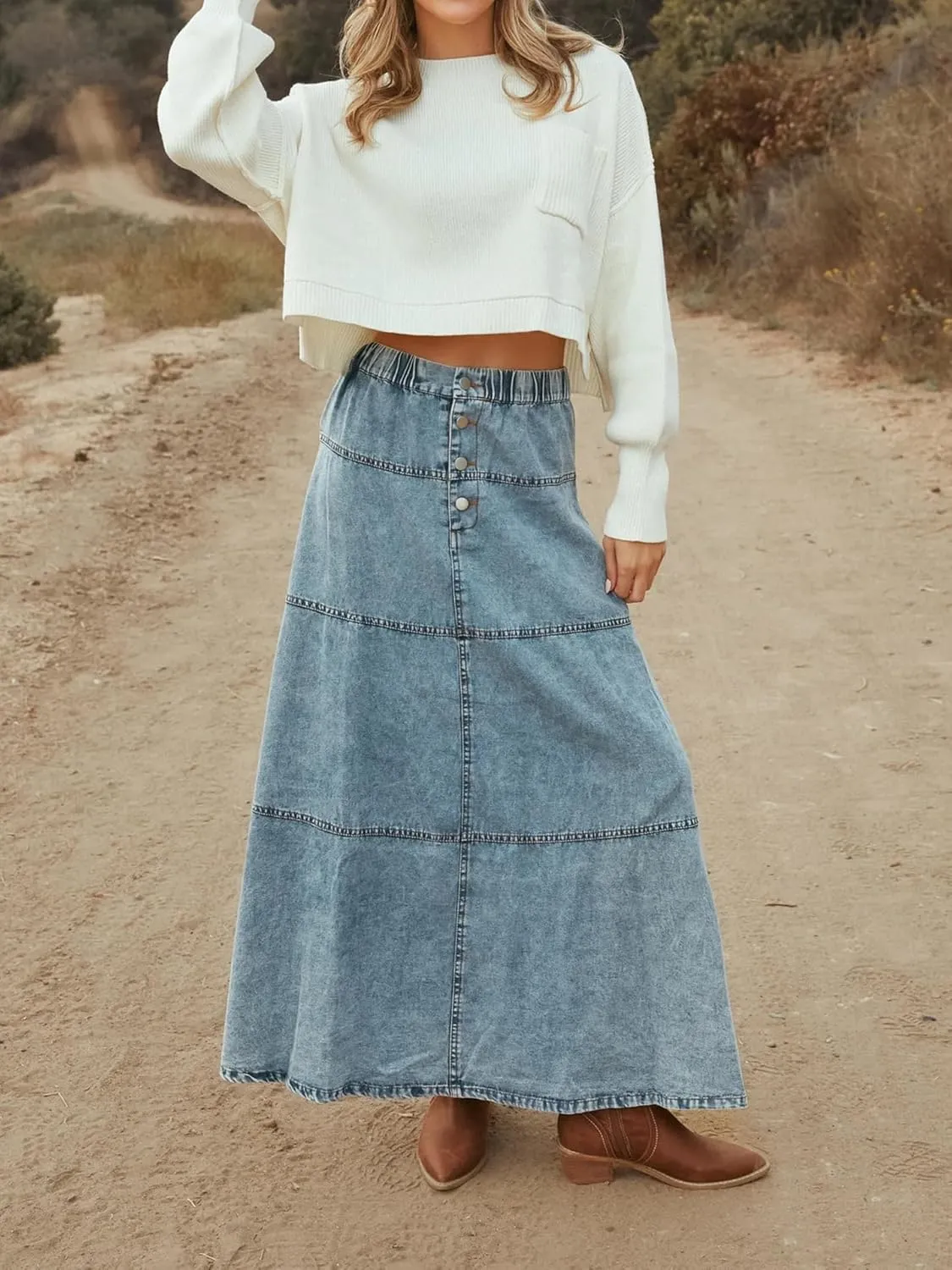 Long Denim Skirts for Women High Waisted Distressed Tiered Jean Maxi Skirt Vintage Elastic Waist A-Line Skirts