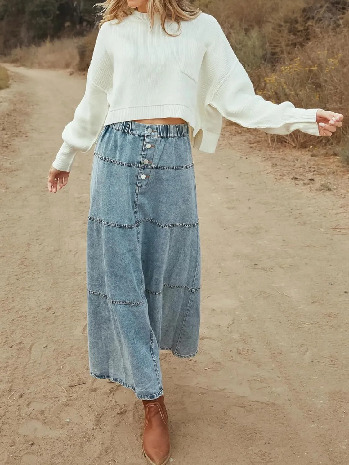 Long Denim Skirts for Women High Waisted Distressed Tiered Jean Maxi Skirt Vintage Elastic Waist A-Line Skirts