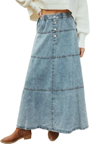 Long Denim Skirts for Women High Waisted Distressed Tiered Jean Maxi Skirt Vintage Elastic Waist A-Line Skirts