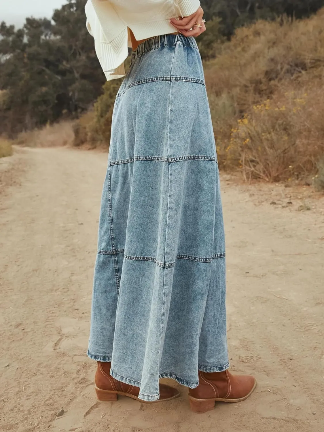 Long Denim Skirts for Women High Waisted Distressed Tiered Jean Maxi Skirt Vintage Elastic Waist A-Line Skirts