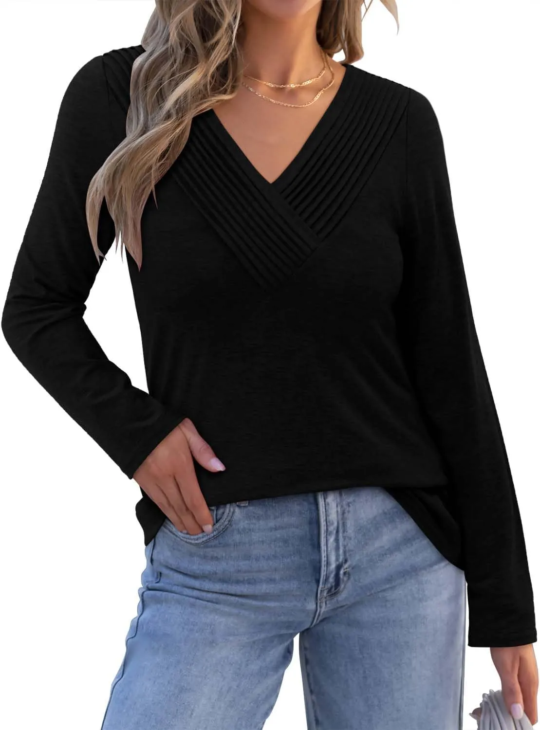 Long Sleeve Shirts for Women Fashion V Neck Basics Casual Top Fitted Tunic Tops