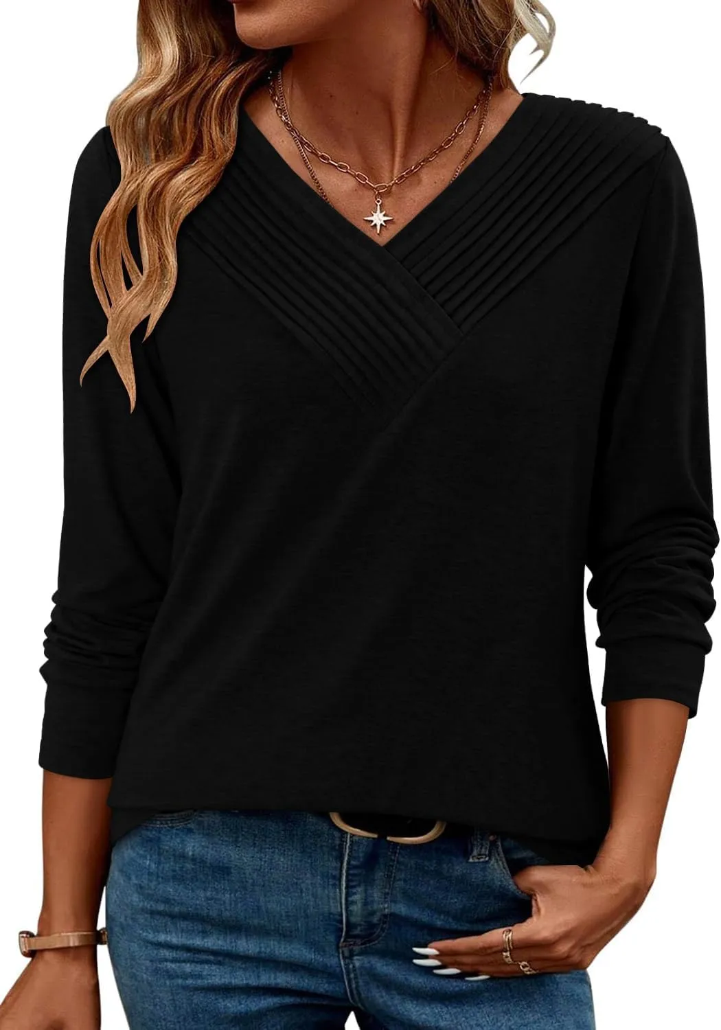 Long Sleeve Shirts for Women Fashion V Neck Basics Casual Top Fitted Tunic Tops