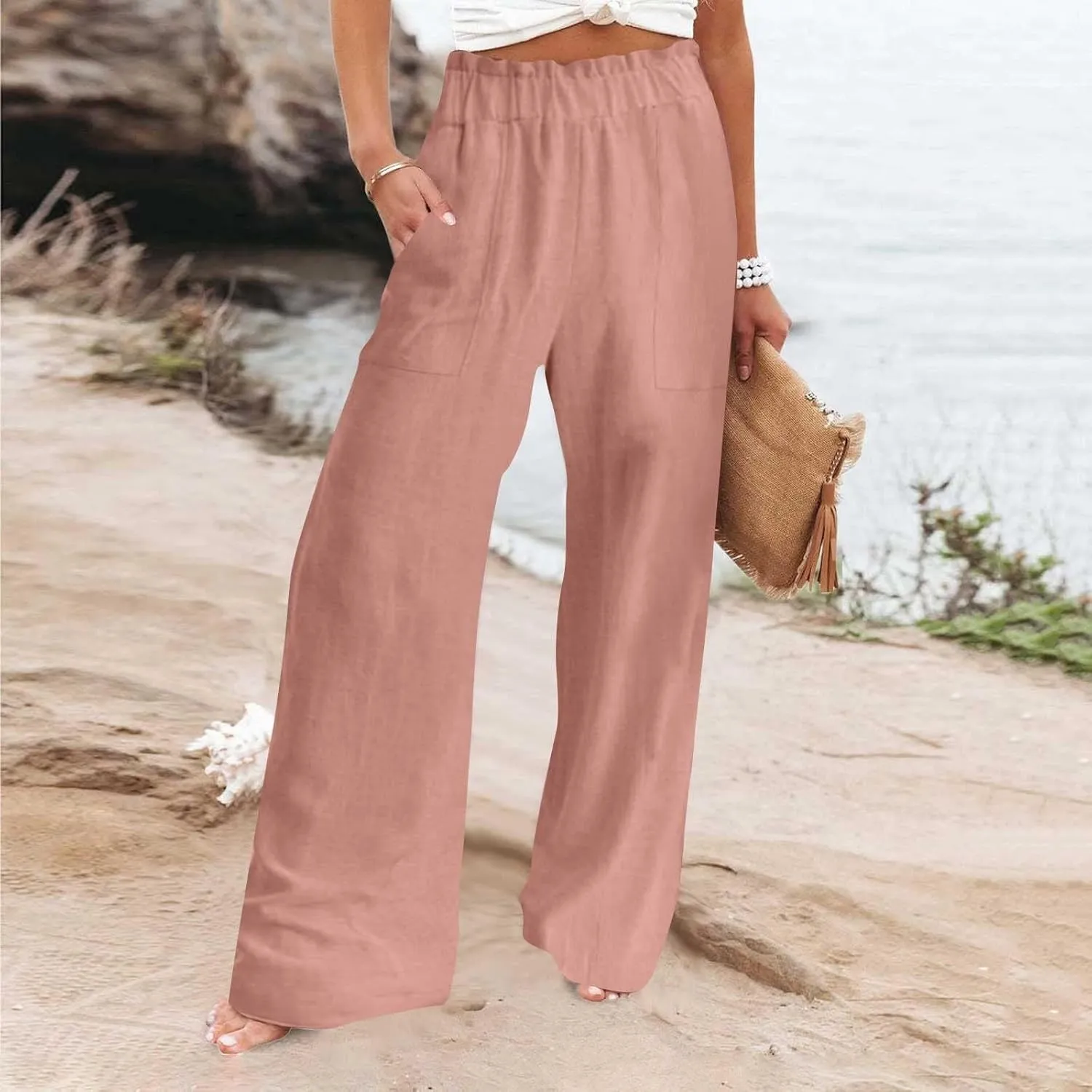 Long Yoga Pants for Women Casual Wide Leg Palazzo Cotton Linen High Waisted Long Pants Smocked Lounge Trousers
