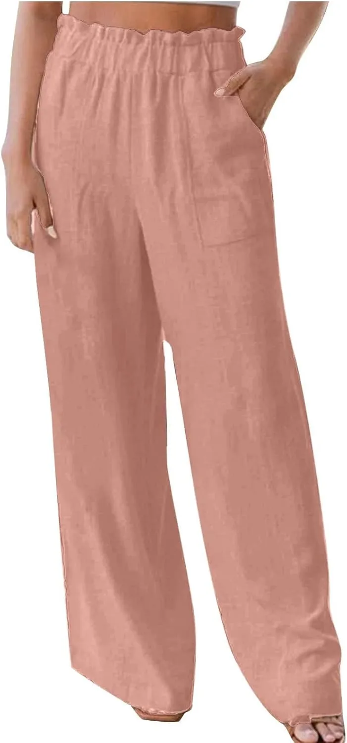 Long Yoga Pants for Women Casual Wide Leg Palazzo Cotton Linen High Waisted Long Pants Smocked Lounge Trousers