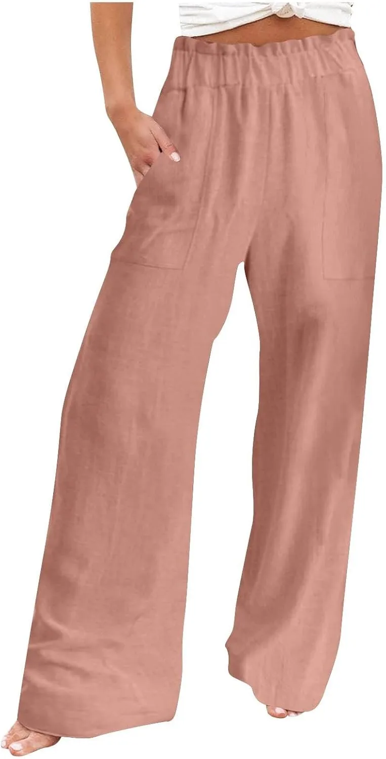 Long Yoga Pants for Women Casual Wide Leg Palazzo Cotton Linen High Waisted Long Pants Smocked Lounge Trousers