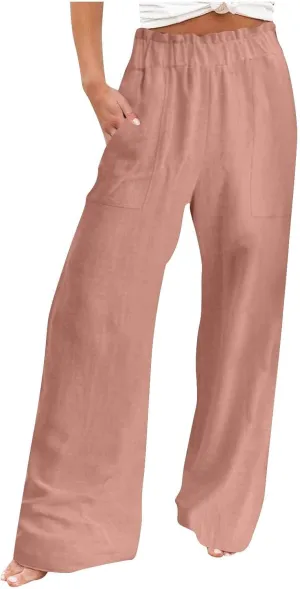 Long Yoga Pants for Women Casual Wide Leg Palazzo Cotton Linen High Waisted Long Pants Smocked Lounge Trousers