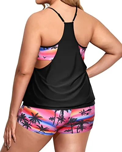 Loose Fit Two Piece Tankini Set Bathing Suits For Women-Black Conut Tree