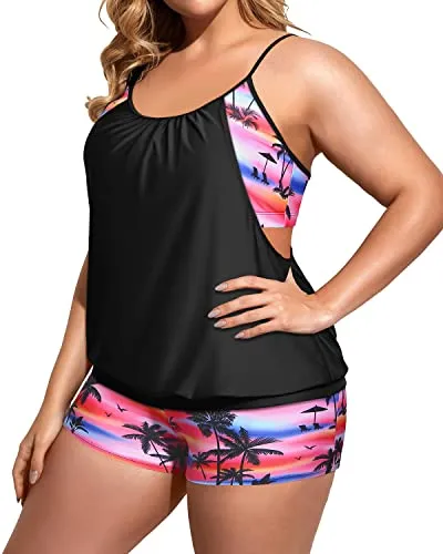 Loose Fit Two Piece Tankini Set Bathing Suits For Women-Black Conut Tree