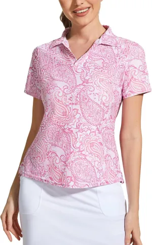 M MOTEEPI Womens Golf Shirt Short Sleeve Quick Dry Womens Polo Shirts Ladies V Neck Outfits Tops Crystal Pink XX-Large