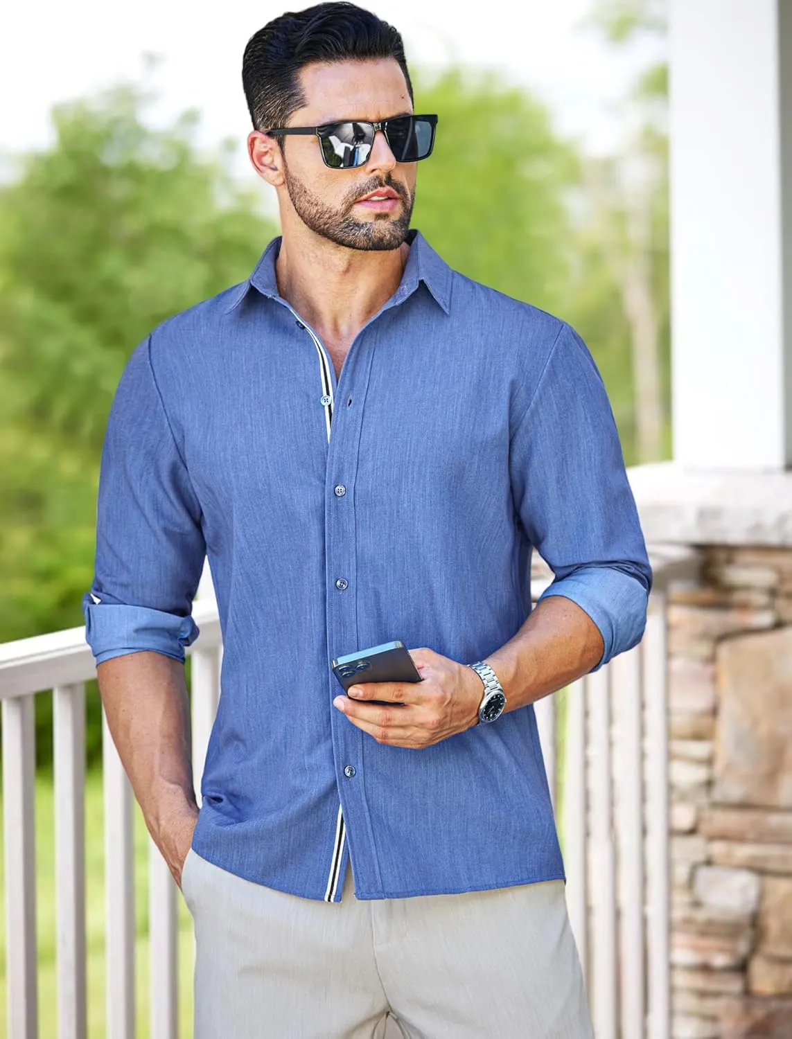 MAPICK Mens Casual Button Down Denim Shirts Long Sleeve Untucked Stretch Wrinkle-Free Dress Shirt