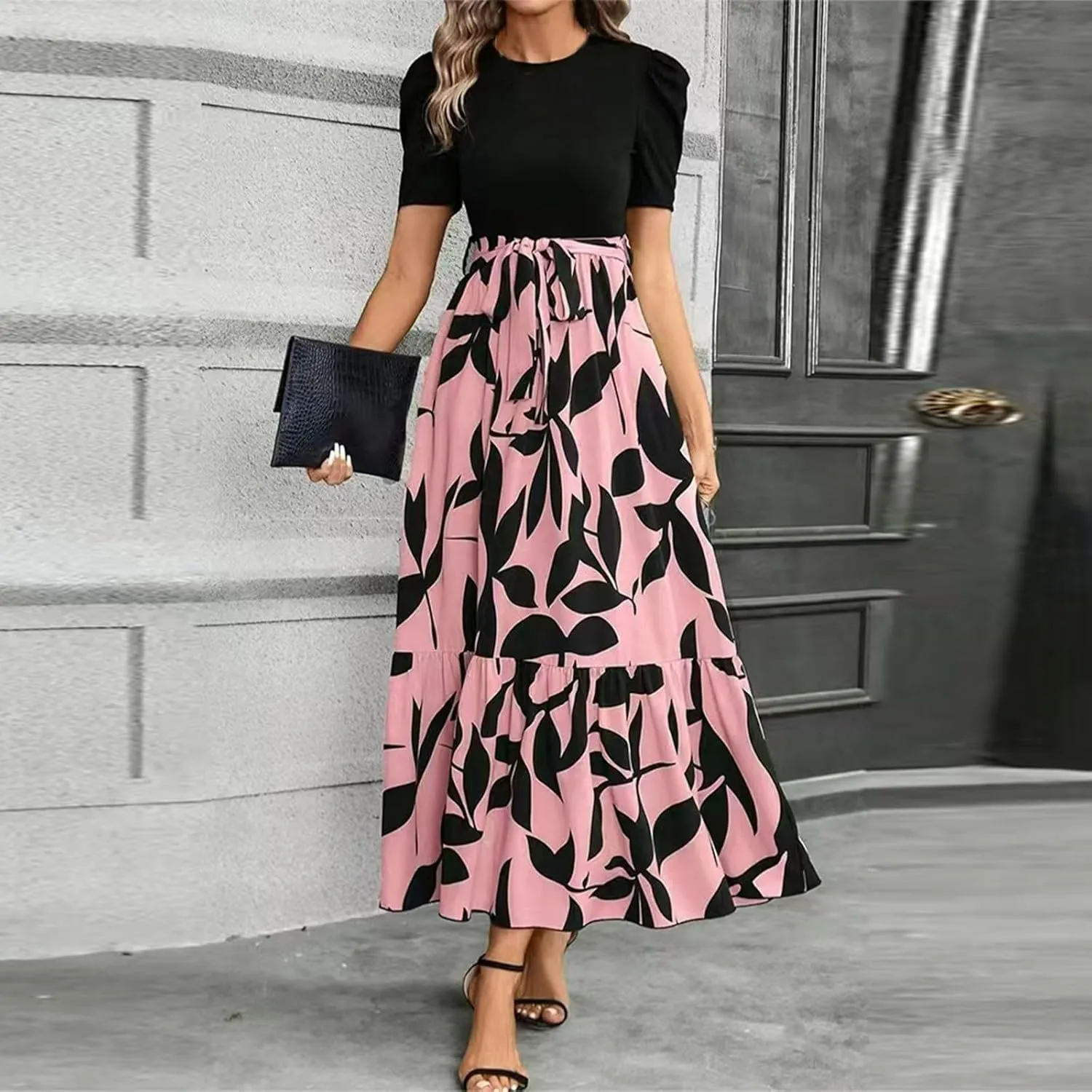 Maxi Dresses for Women 2025 Puff Sleeve Empire Waist Belted Patchwork Floral Dress A Line Long Flowy Work Dresses