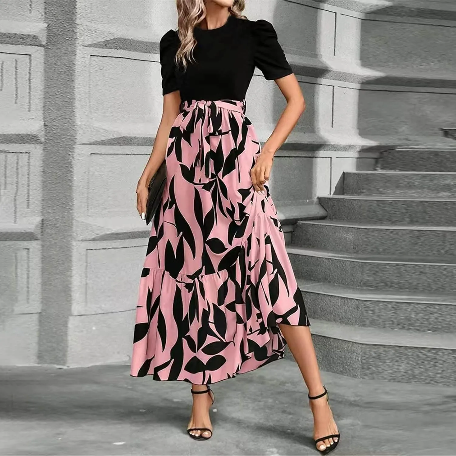 Maxi Dresses for Women 2025 Puff Sleeve Empire Waist Belted Patchwork Floral Dress A Line Long Flowy Work Dresses
