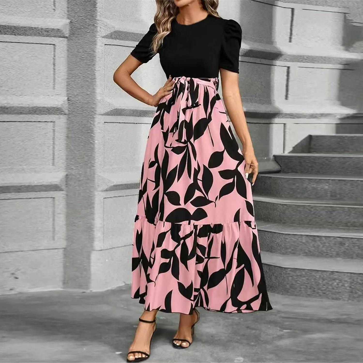 Maxi Dresses for Women 2025 Puff Sleeve Empire Waist Belted Patchwork Floral Dress A Line Long Flowy Work Dresses