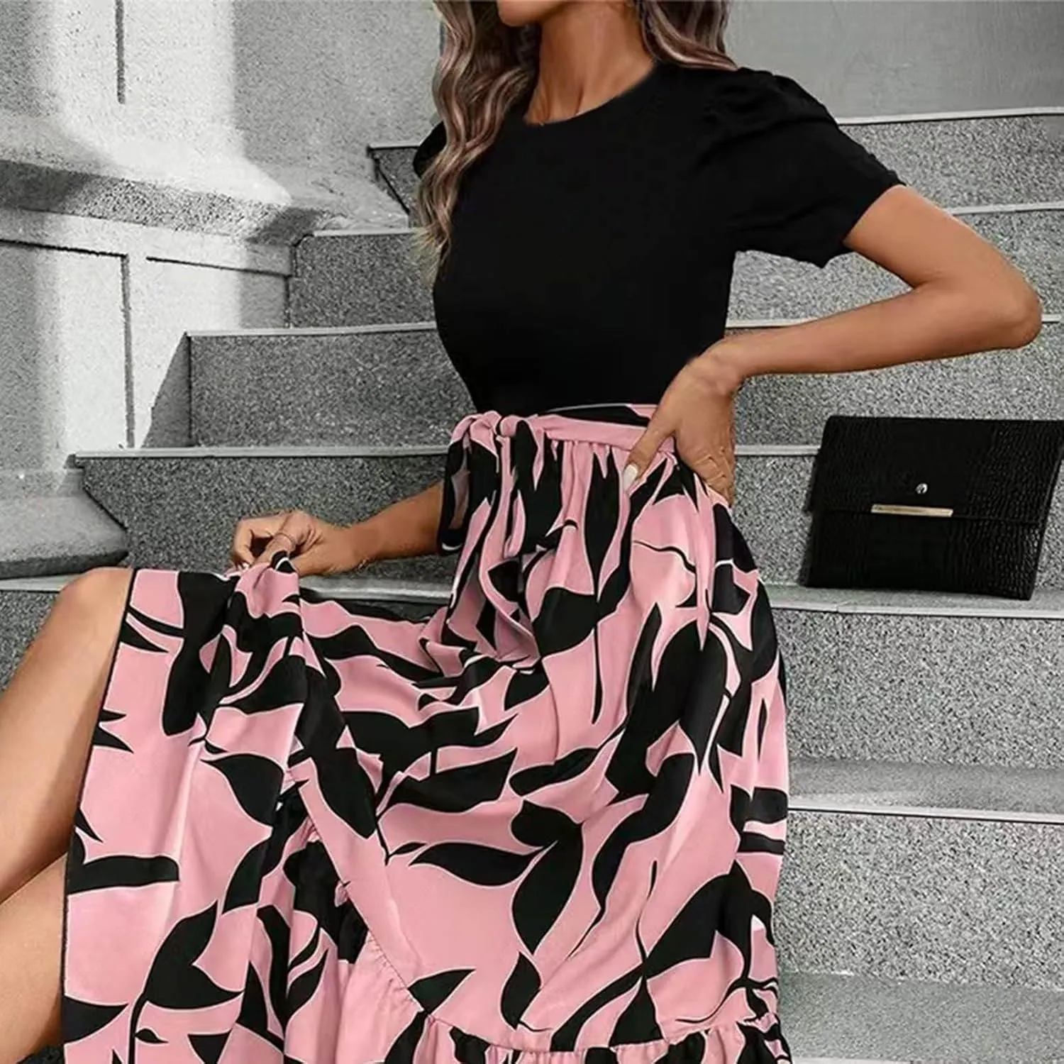 Maxi Dresses for Women 2025 Puff Sleeve Empire Waist Belted Patchwork Floral Dress A Line Long Flowy Work Dresses