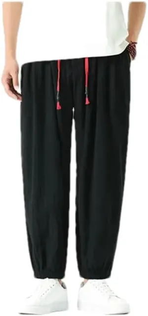 Men Vintage Elastic Waist Harem Pants Wide Leg Ankle Length Pants Casual Streetwear Trousers
