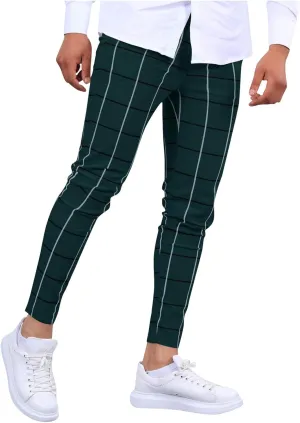 Mens Golf Pants Slim Fit Plaid Skinny Long Pants Casual Fashion Stretch Cotton Chino Pants with Pockets