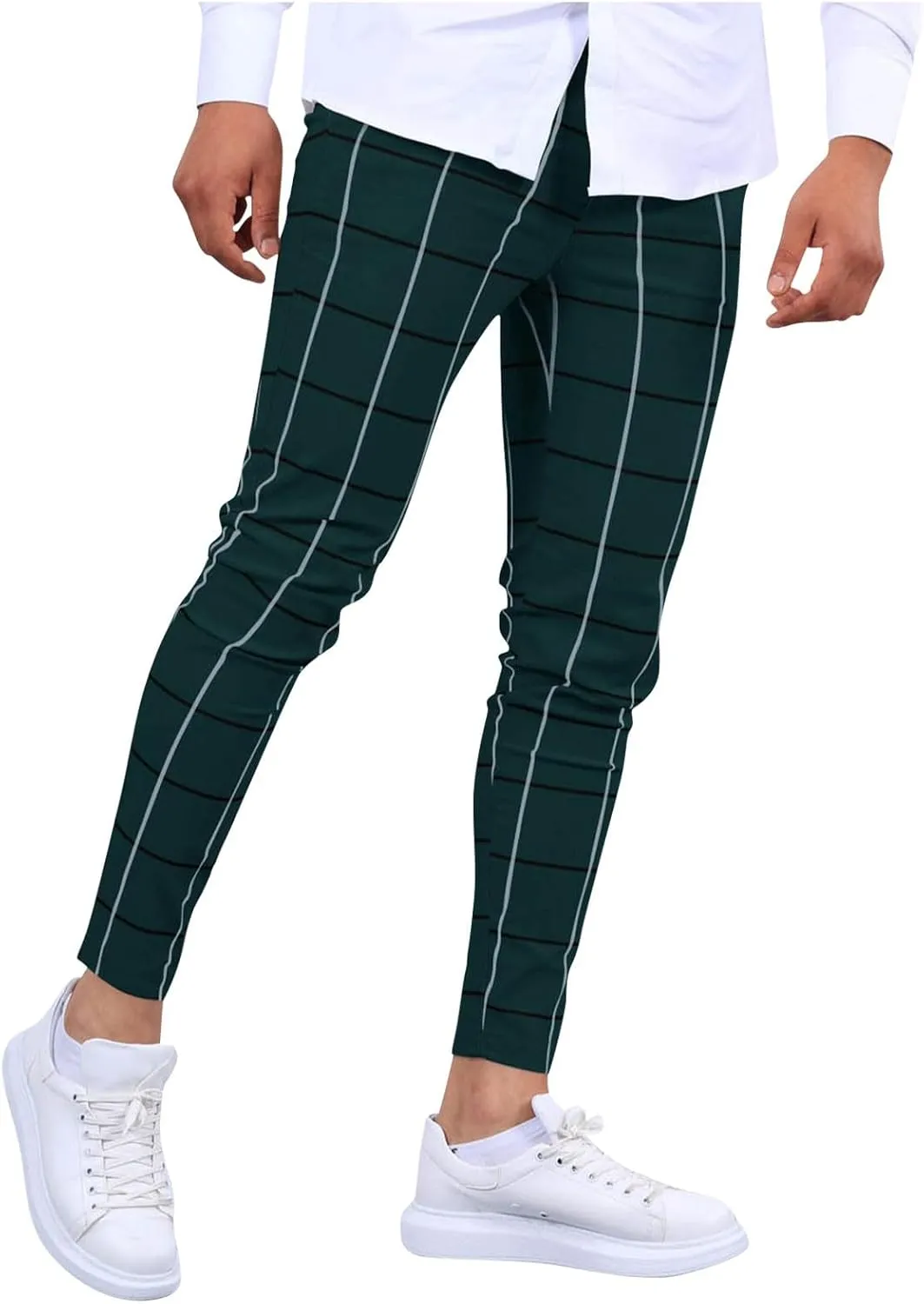 Mens Golf Pants Slim Fit Plaid Skinny Long Pants Casual Fashion Stretch Cotton Chino Pants with Pockets