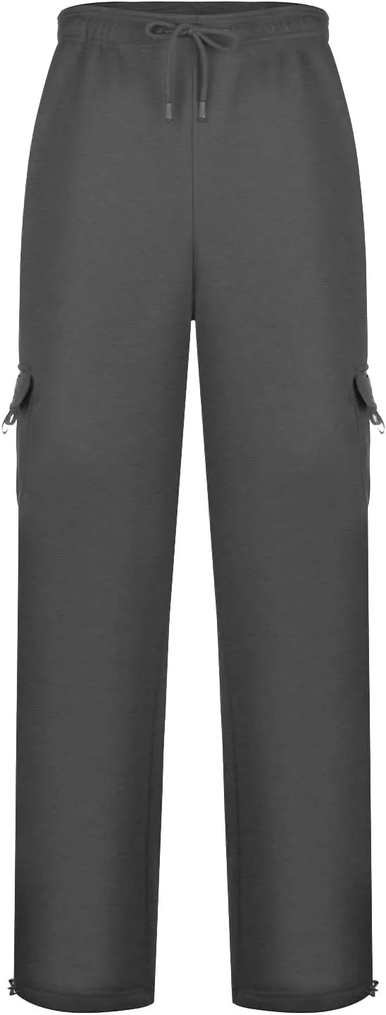 Men's Heavyweight Fleece Cargo Sweatpants Drawstring Elastic Waist Open Bottom Athletic Joggers Pants for Men with Pockets