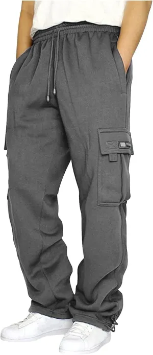 Men's Heavyweight Fleece Cargo Sweatpants Drawstring Elastic Waist Open Bottom Athletic Joggers Pants for Men with Pockets