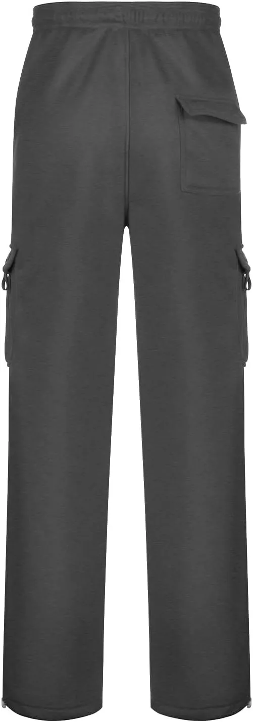Men's Heavyweight Fleece Cargo Sweatpants Drawstring Elastic Waist Open Bottom Athletic Joggers Pants for Men with Pockets