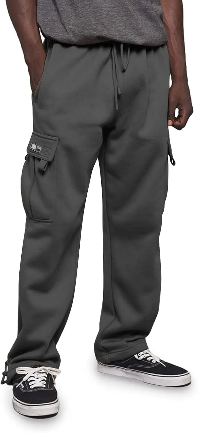 Men's Heavyweight Fleece Cargo Sweatpants Drawstring Elastic Waist Open Bottom Athletic Joggers Pants for Men with Pockets