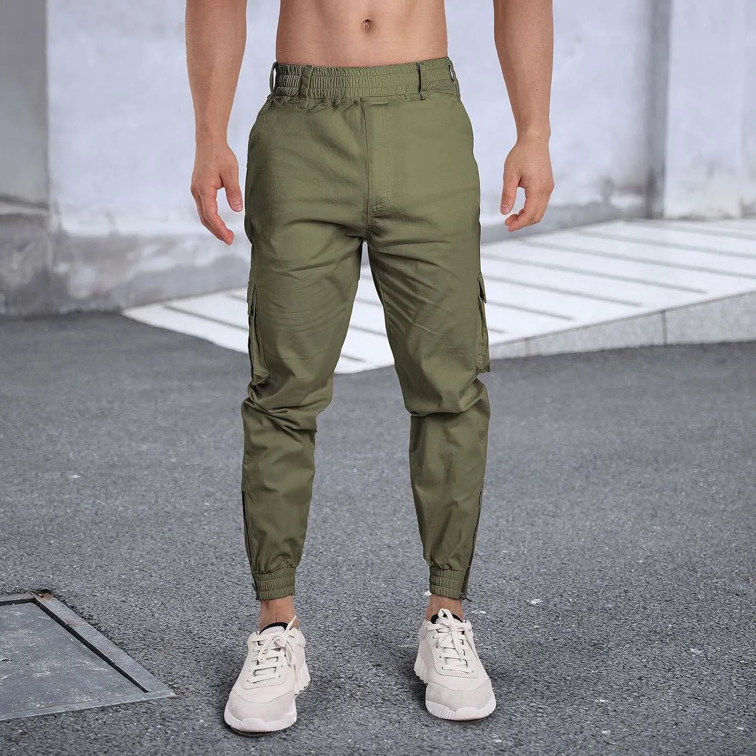 Men's Hiking Cargo Pants Joggers Slim Fit Stretch Lightweight Casual Elastic Waist Tapered Work Pants with Pockets