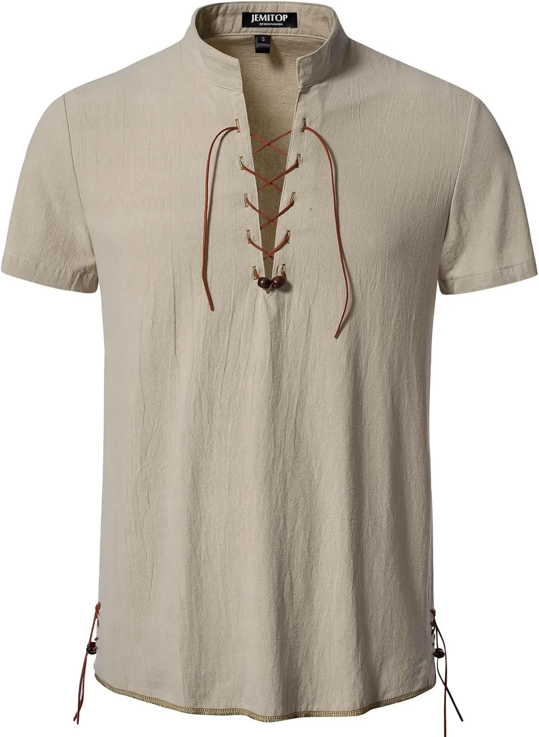 Men's Pure Cotton Vintage Short Sleeve Lace Up Shirts for Renaissance Pirate Viking Medieval Costume