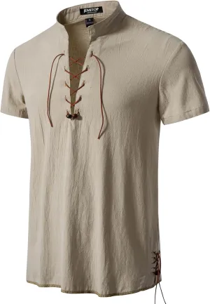Men's Pure Cotton Vintage Short Sleeve Lace Up Shirts for Renaissance Pirate Viking Medieval Costume