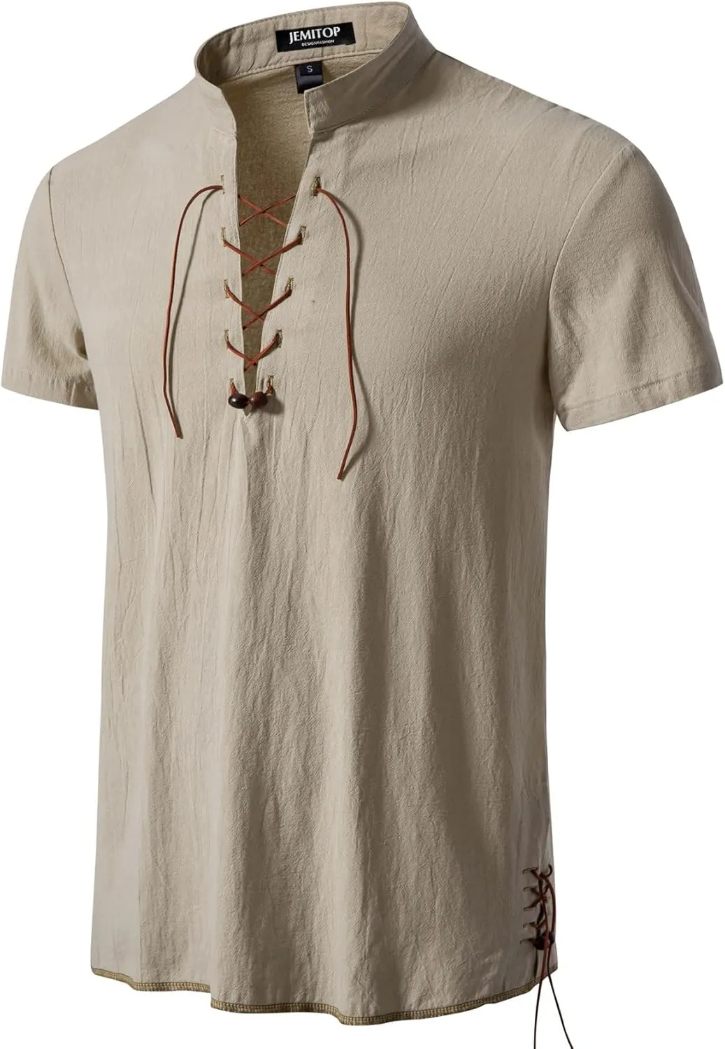 Men's Pure Cotton Vintage Short Sleeve Lace Up Shirts for Renaissance Pirate Viking Medieval Costume